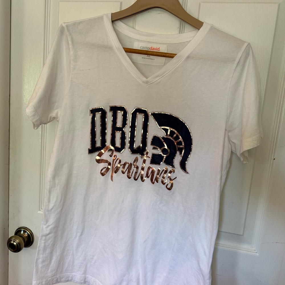 University of Dubuque (DBQ) V-Neck T-Shirt with Metallic trimmed Spartan Design